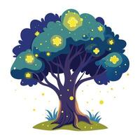 Creative illustration of a tree surrounded by softly glowing fireflies vector