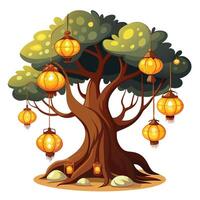 Enchanting tree with warm glowing lanterns hanging from its branches vector