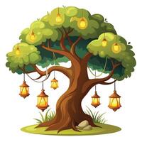 Artistic depiction of a tree with various lanterns illuminating the night scene vector
