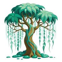 Lush tree with long green vines hanging down from its branches vector