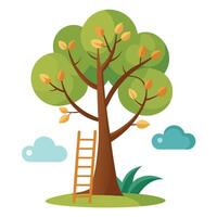Charming tree with a wooden ladder leaning against its sturdy trunk vector