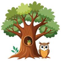 Unique design of a tree providing shelter to an owl family in their nest vector