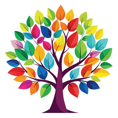 Creative illustration of a tree with leaves in all colors of the rainbow