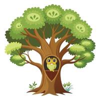 Creative illustration of a tree with an owl sitting in its treetop nest vector