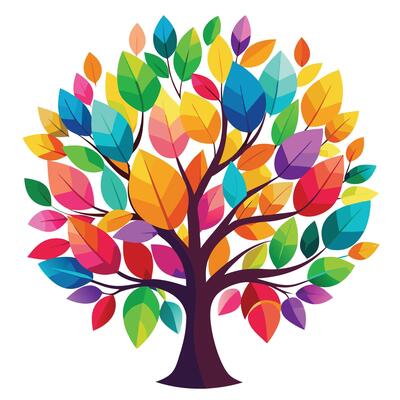 Vibrant tree with colorful rainbow leaves shining brightly