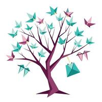 Creative illustration of a tree adorned with colorful paper origami birds vector