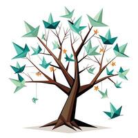 Artistic depiction of a tree with paper crafted birds floating around it vector