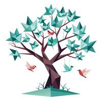 Unique design of a tree with folded paper birds hanging from its limbs vector