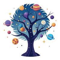 Unique design of a tree with small planets hanging as mystical ornaments vector