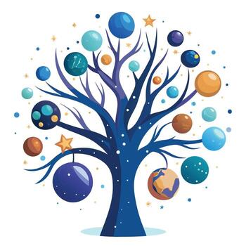 Artistic depiction of a tree with celestial bodies floating around its form vector