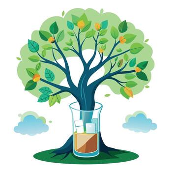 Conceptual tree with a time capsule embedded in its sturdy trunk vector