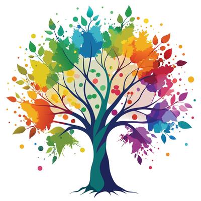 Creative illustration of a tree with colorful watercolor painted foliage