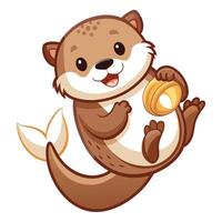 Charming illustration of a cute baby otter lying on water with a shell vector