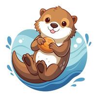 Sweet baby otter relaxing on its back in water with a seashell vector