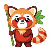 Sweet red panda with a happy expression holding a bamboo shoot vector