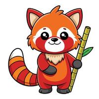 Adorable red panda holding a bamboo stick and smiling art vector