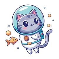 Whimsical astronaut cat floating in space with a tiny fish vector