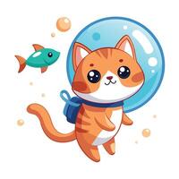 Whimsical astronaut cat floating in outer space holding a small fish vector