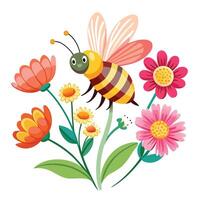 Active busy bee taking pollen from a lively bright floral bloom vector