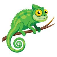 Vibrant bright green chameleon resting calmly on a tree branch vector