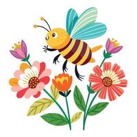 Diligent busy bee collecting pollen from a vibrant bright flower vector