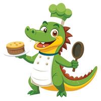 Humorous cartoon crocodile in a chef outfit with an oversized whisk vector