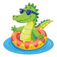 Funny cartoon crocodile chilling on a bright inflatable pool float vector
