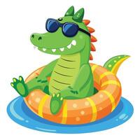 Happy cartoon crocodile lounging on an inflatable swim ring in a pool vector
