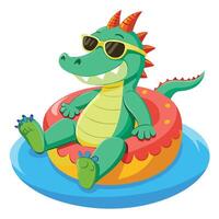 Relaxed cartoon crocodile floating on a colorful inflatable pool ring vector