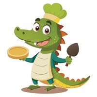 Whimsical cartoon crocodile as a chef with a big smile and a huge whisk vector