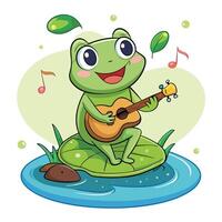 Happy cartoon frog serenading from a lily pad with a miniature banjo vector