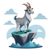 Dreamy cartoon goat balancing on a levitating stone in the sky vector