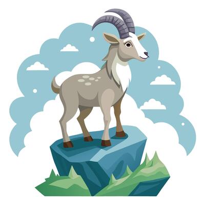 Whimsical cartoon goat perched on a flying rock in the heavens