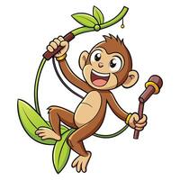 Cute cartoon monkey swinging from a vine while holding a banana vector