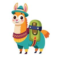 Sweet cartoon llama packed for a trip with a backpack on art vector