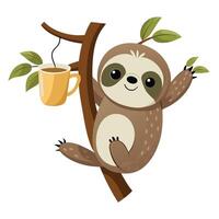 Charming cartoon illustration of a sloth on a branch with a bloom vector