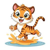 Playful cartoon of a tiger cub having fun jumping in a puddle vector