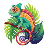 Serene chameleon perched gently on a leaf with its long tail wrapped around vector