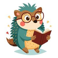 Cute charming hedgehog with small spectacles engrossed in reading a book vector