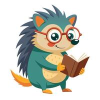 Whimsical charming hedgehog with little eyeglasses absorbed in a huge storybook vector
