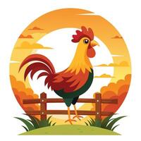 Whimsical charming rooster making a joyful noise on a farm fence at daybreak vector