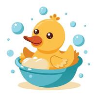 Happy cheerful duck floating in a bubbly bath with a yellow rubber duck vector
