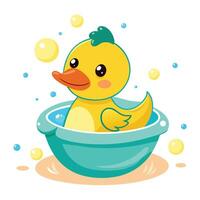 Cute cheerful duck relaxing in a bubble bath with a small rubber ducky vector