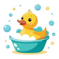 Adorable cheerful duck enjoying a soapy bath with a tiny yellow duck toy vector