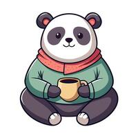 Happy chubby panda taking a break with a cup of tea illustration vector