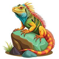 Brightly colored iguana relaxing on a sunny rock art vector