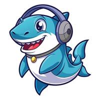 Cool shark wearing headphones and nodding its head to the rhythm of music vector