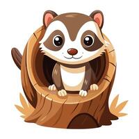 Intrigued curious ferret peeking out from a dark hollow log in art vector