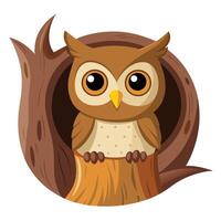 Intrigued curious owl peeking out of a dark hollow tree with wide eyes vector