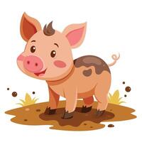 Inquisitive curious piglet exploring its muddy enclosure with its nose to the ground vector